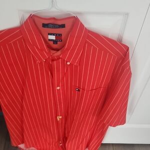 Tommy Hilfiger Men's Red and White Pinstripe Shirt Vintage Mens L